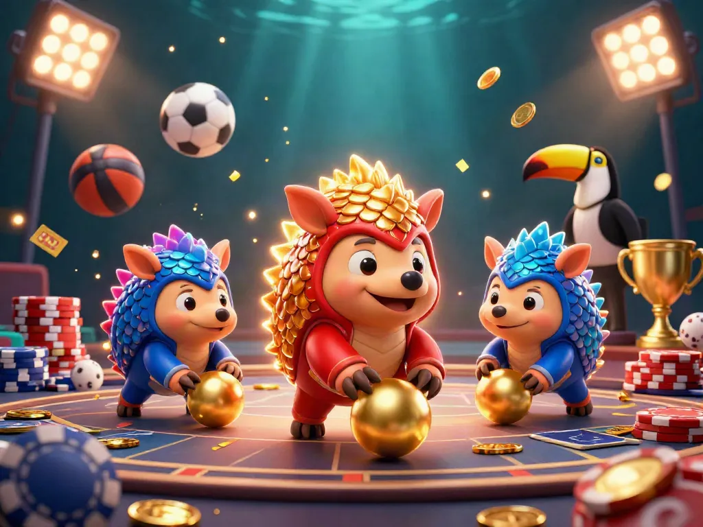 Engaging scene at LLWIN CENTER featuring playful pangolins in a vibrant casino setting.