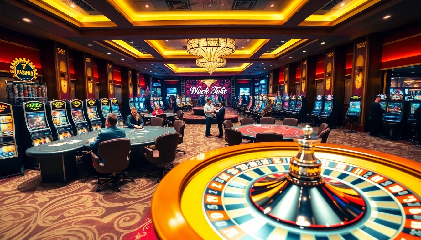 A luxurious gambling scene at https://rr88ez.com/ showcasing vibrant casino tables, poker chips, and a spinning roulette wheel.