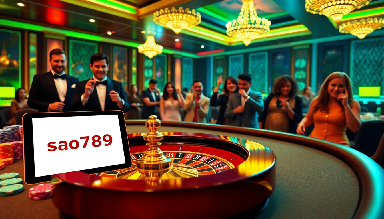 Sao789 players enjoy poker at a vibrant casino table, with a roulette wheel and colorful chips.