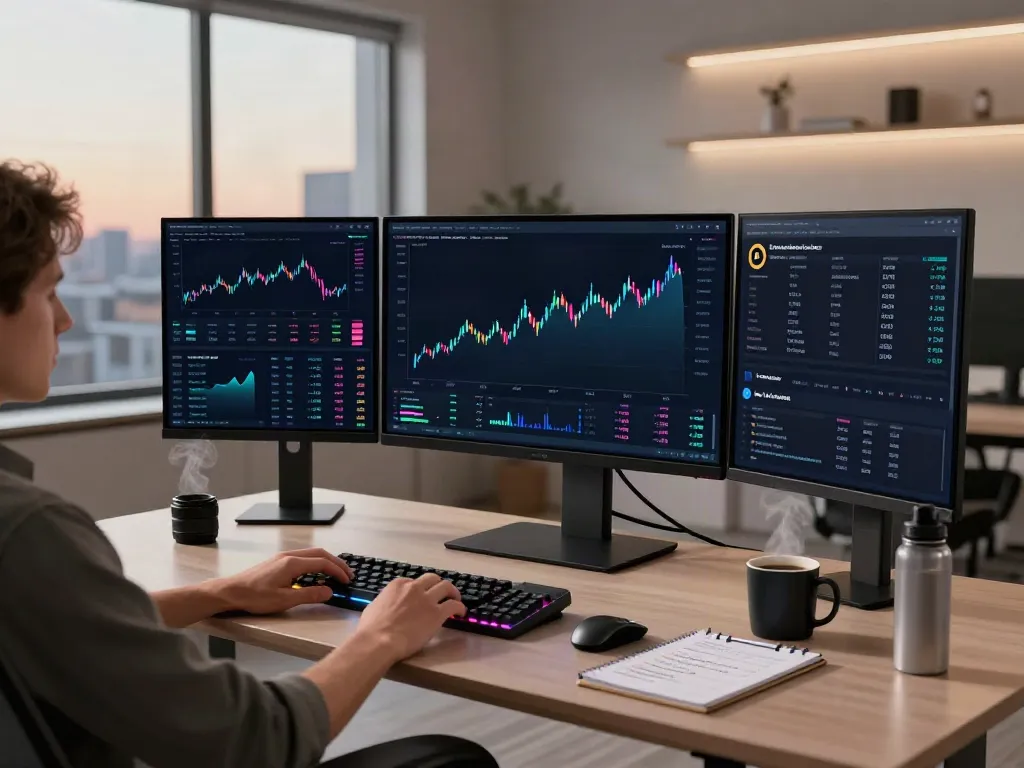Official website trading environment with multiple screens showcasing Bitcoin charts and DeFi platforms, emphasizing security and innovation.