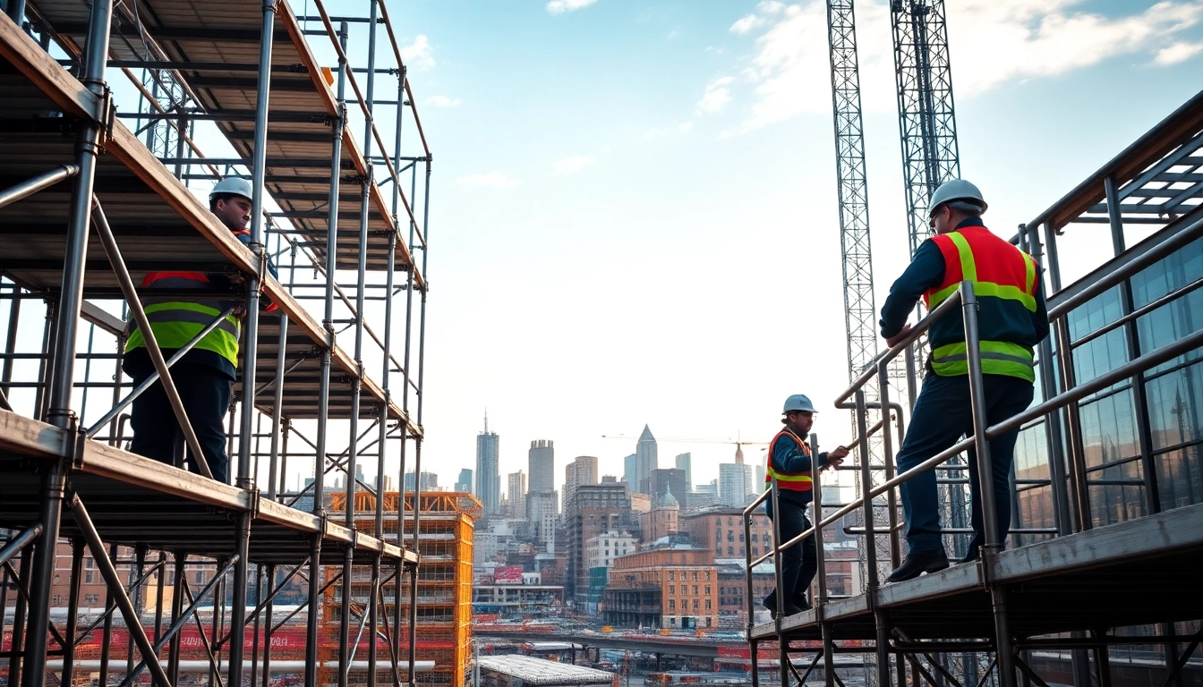 Scaffolding Manchester showcased through construction workers setting up at a vibrant site.