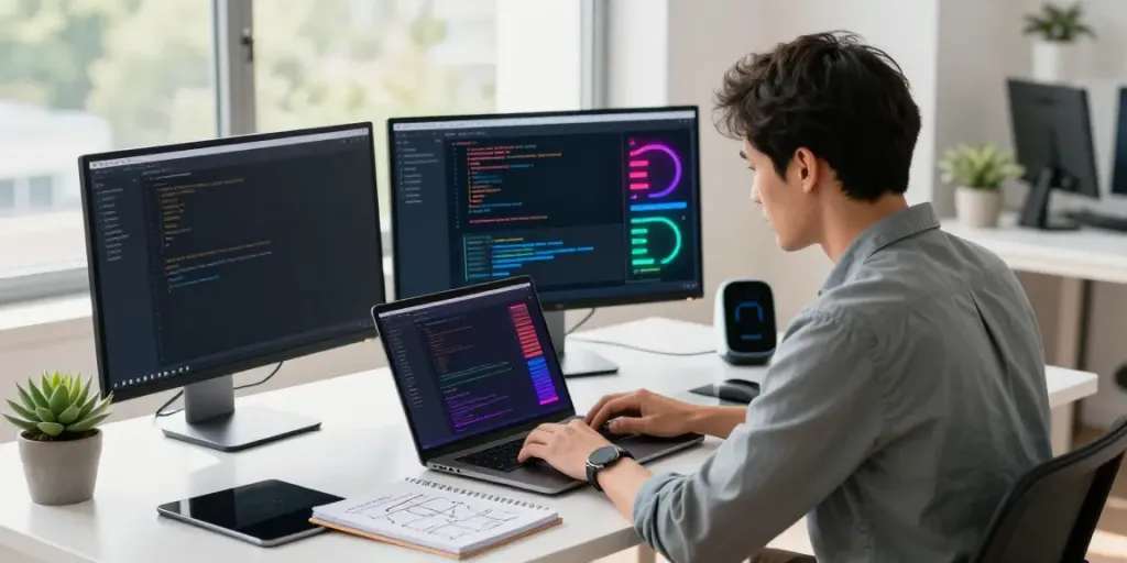 Developer focused on instant indexing in a modern office with tech gadgets and bright sunlight.