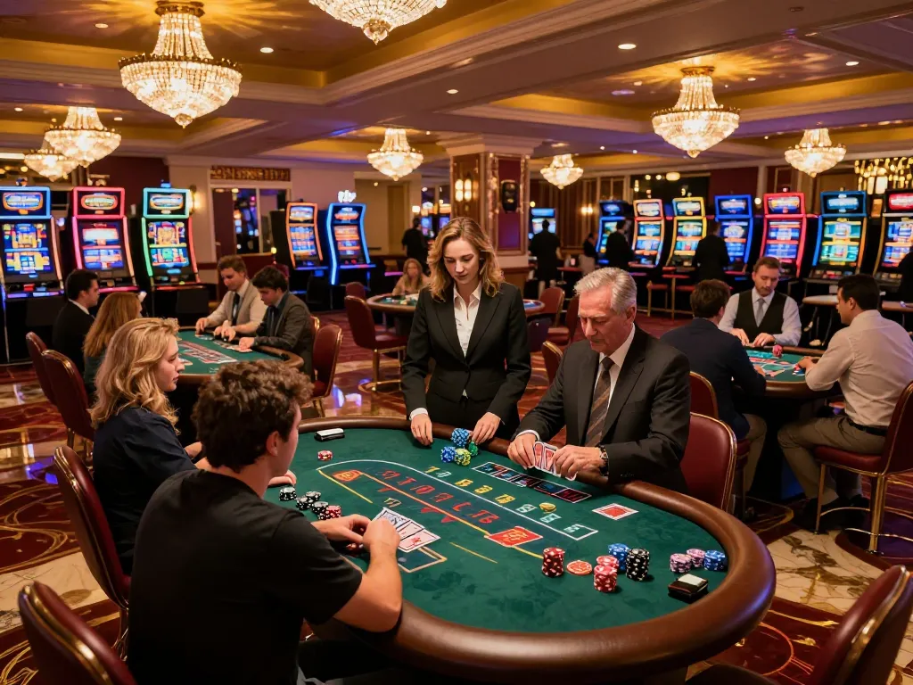 N188 players engaged in intense blackjack strategy on an upscale casino floor.