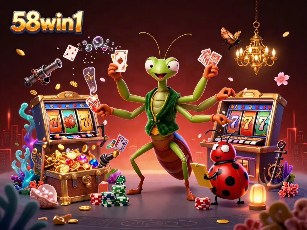 Experience exciting gameplay with 58win1's vibrant slot games and captivating characters in a dynamic casino scene.