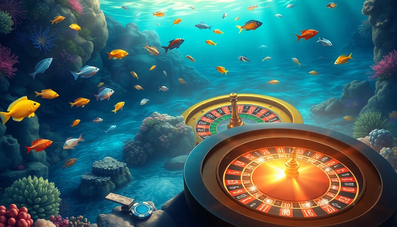 Bắn cá đổi thưởng game scene featuring a colorful underwater world with casino elements like a roulette table.