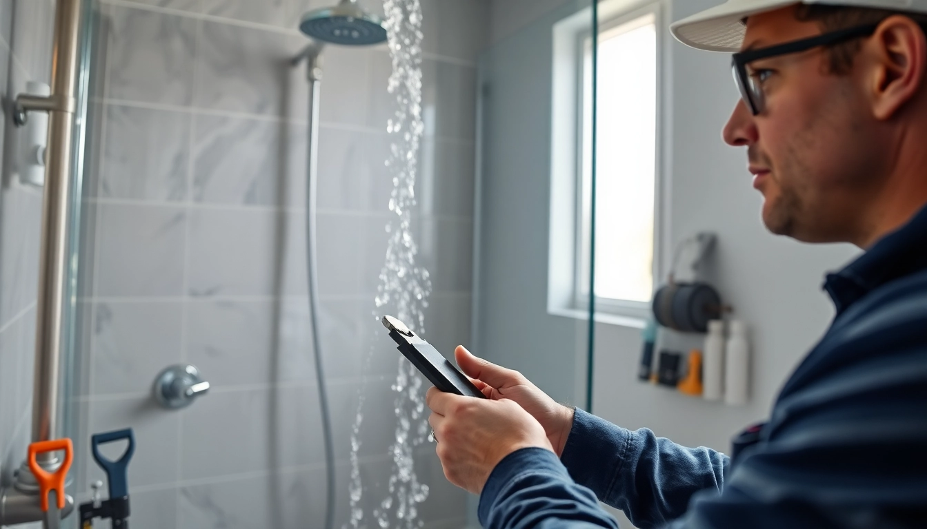 Plumber troubleshooting a shower not working in a modern bathroom setting.