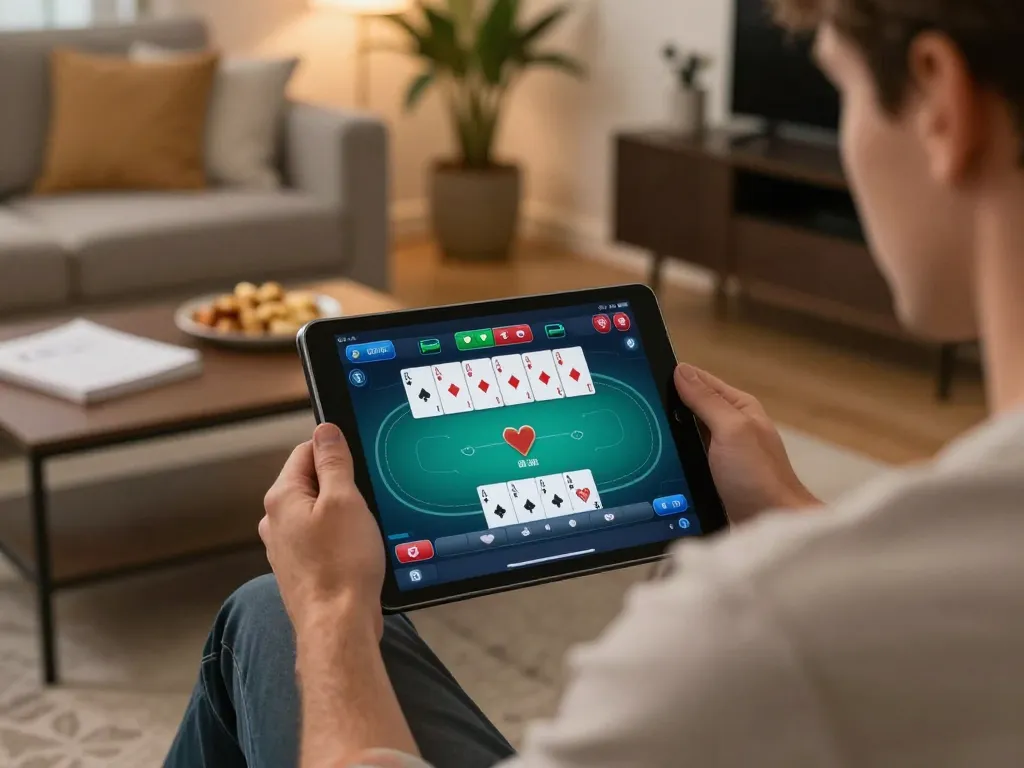 Poker game on the Trang chủ VT88 at home with engaging tablet interface and cozy setting