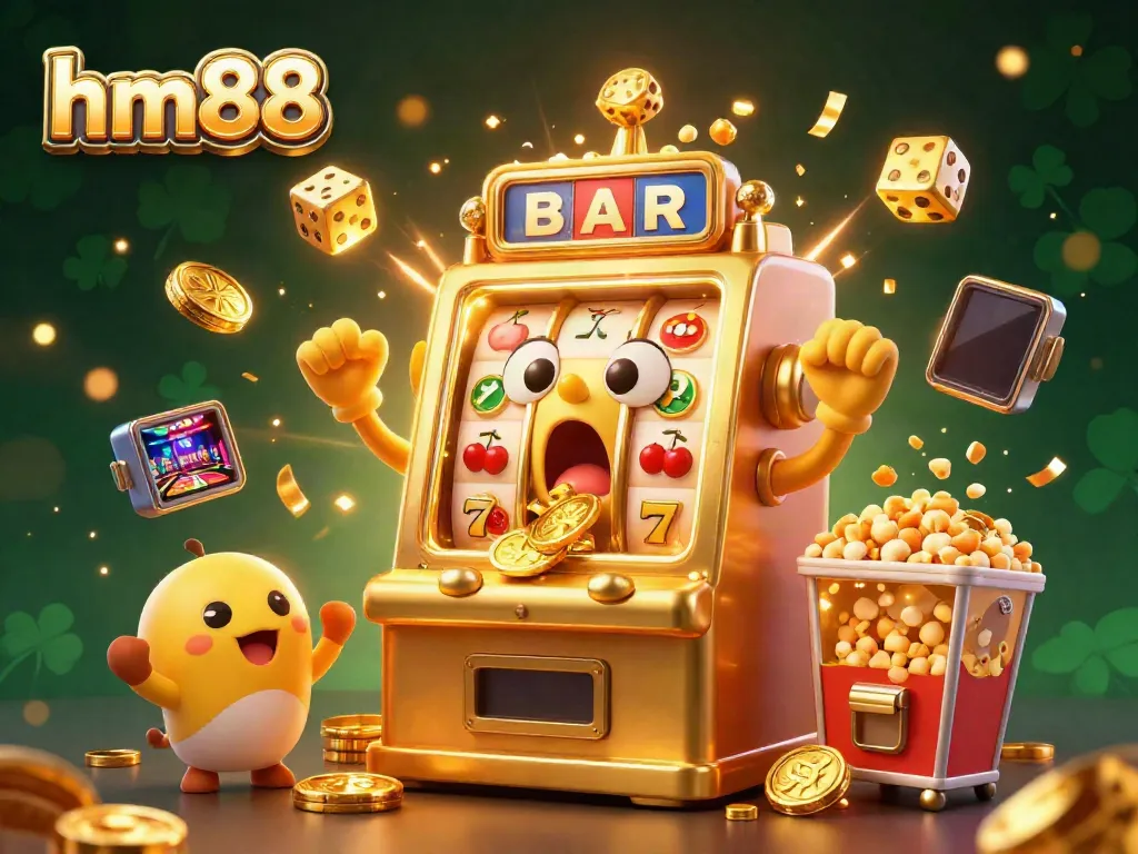 Experience the thrilling jackpot celebration at hm88, featuring a golden slot machine releasing coins with excitement.