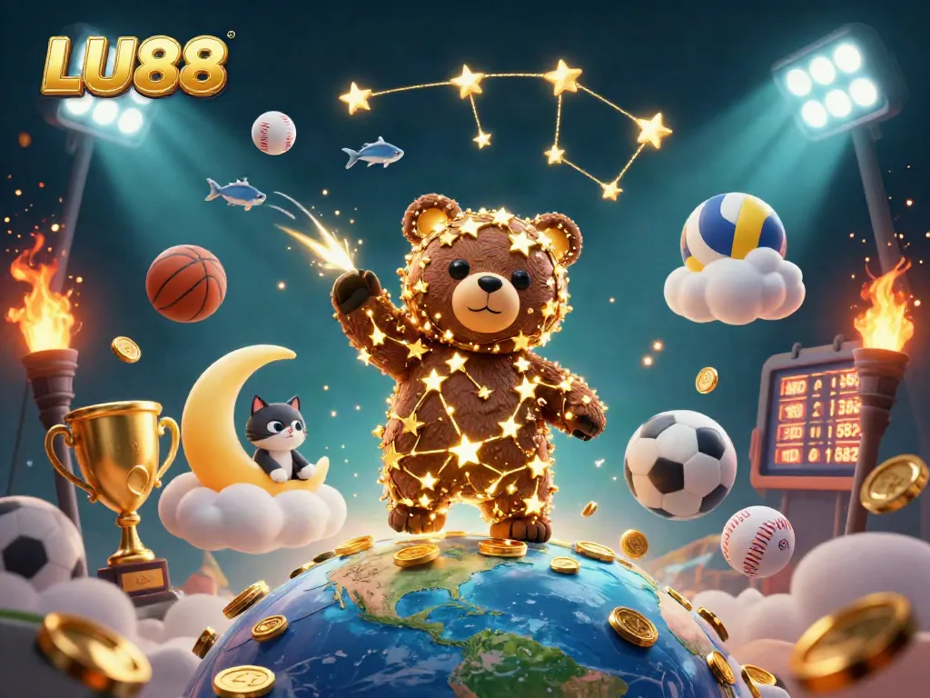 LU88 captures your wins while betting with vibrant sports elements and magical characters.
