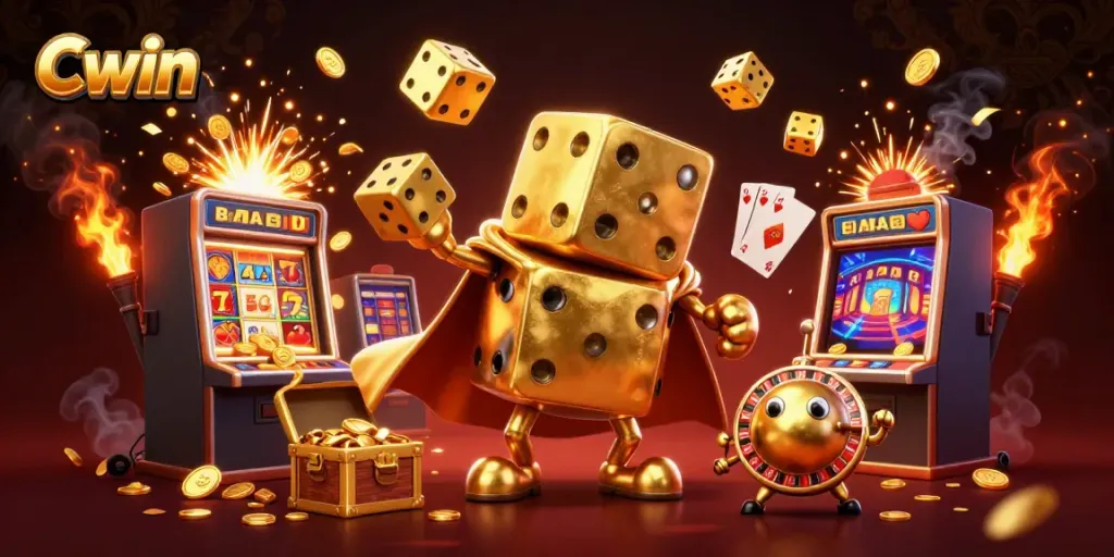 Experience the thrill of Cwin with a dynamic casino scene featuring golden dice and exploding jackpots.