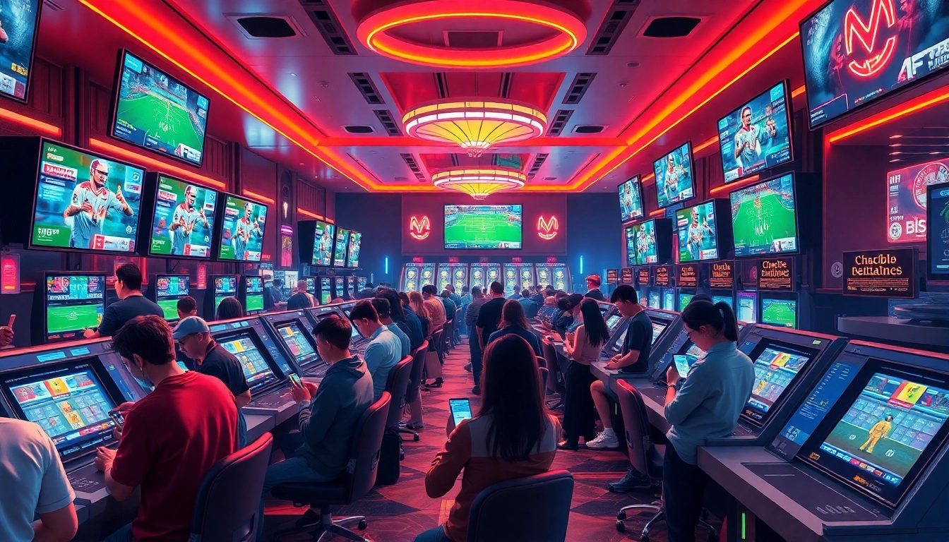 Excited bettors engaging in sports betting at a lively thabet casino.