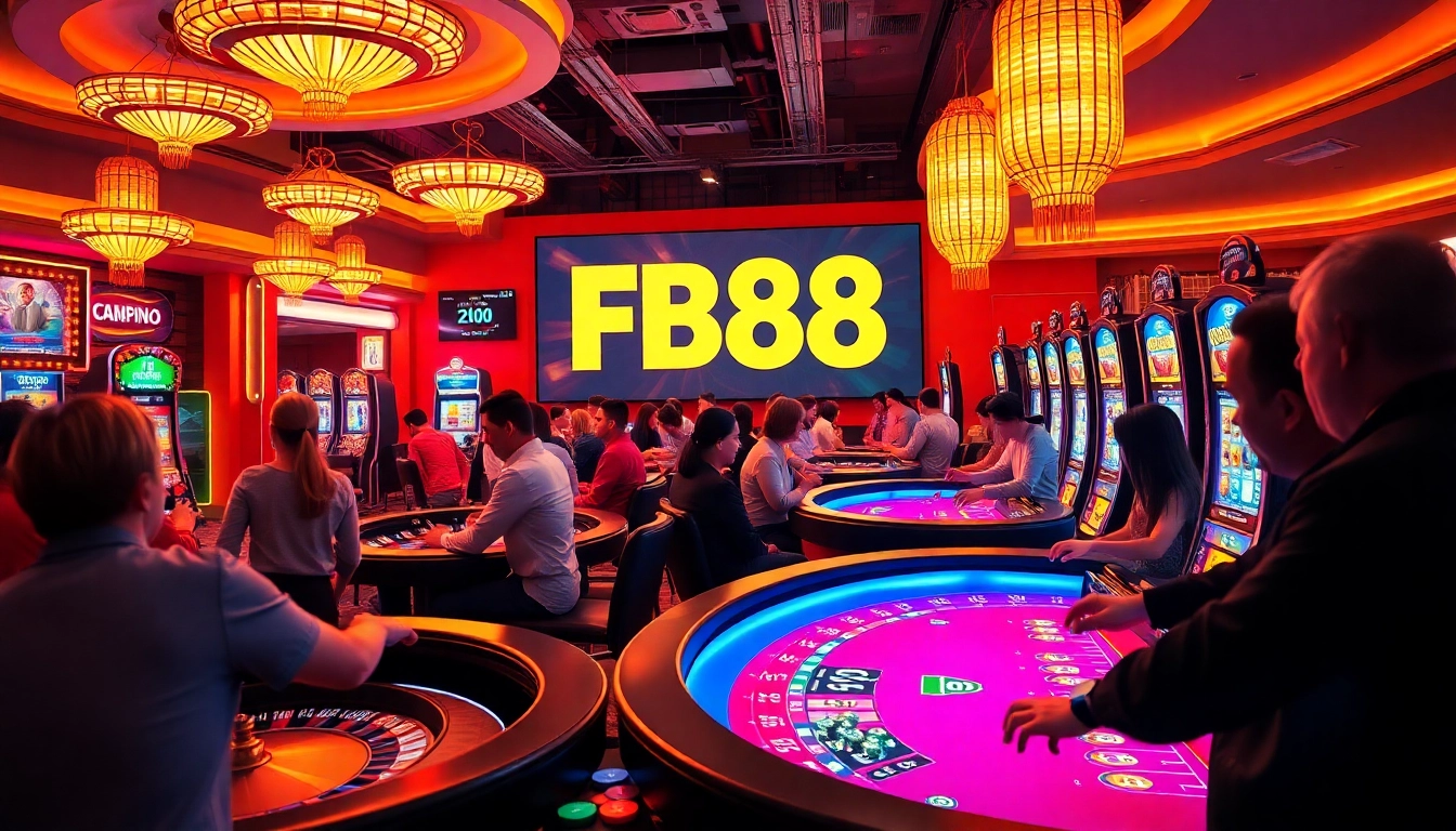 Đăng Ký FB88 on an illuminated casino billboard with players excitedly engaging in various games.