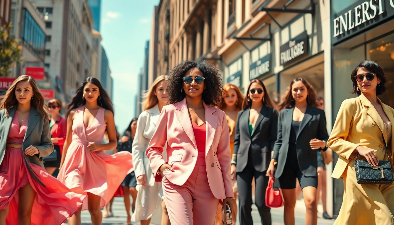 Women Fashion models showcase the latest trends in a vibrant urban setting.
