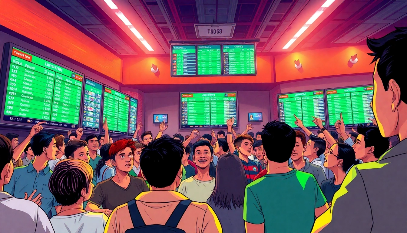 View of an energetic sports betting atmosphere showcasing the tỷ lệ cá cược on screens during an exciting event.