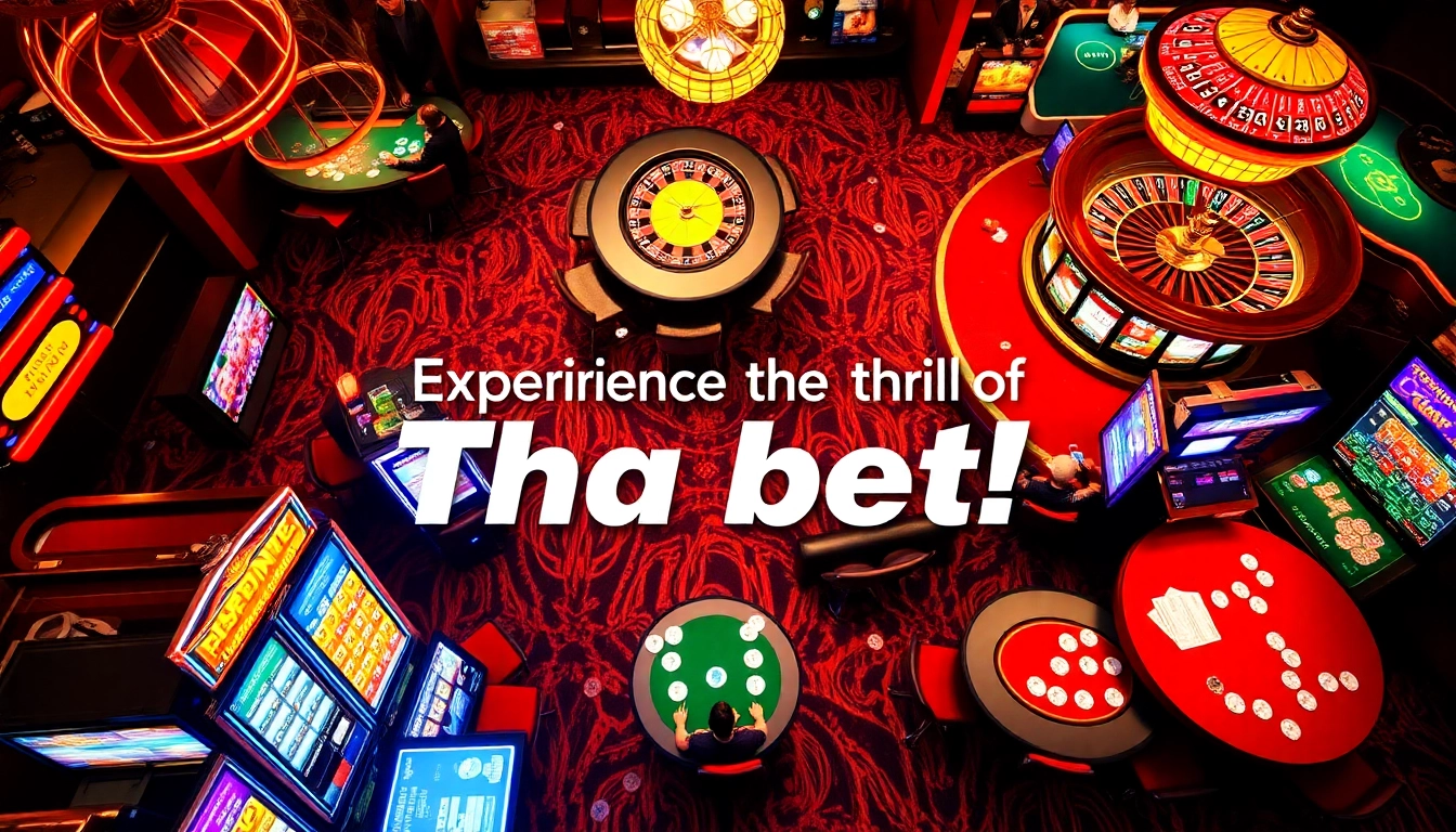 Tha bet brings excitement with players at electronic slot machines and classic card tables in a vibrant casino setting.