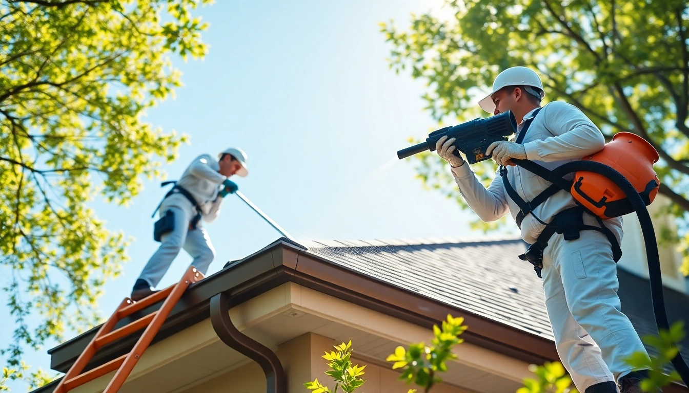 Efficient gutter cleaning services in action, showcasing professional technicians at work on a residential roof.