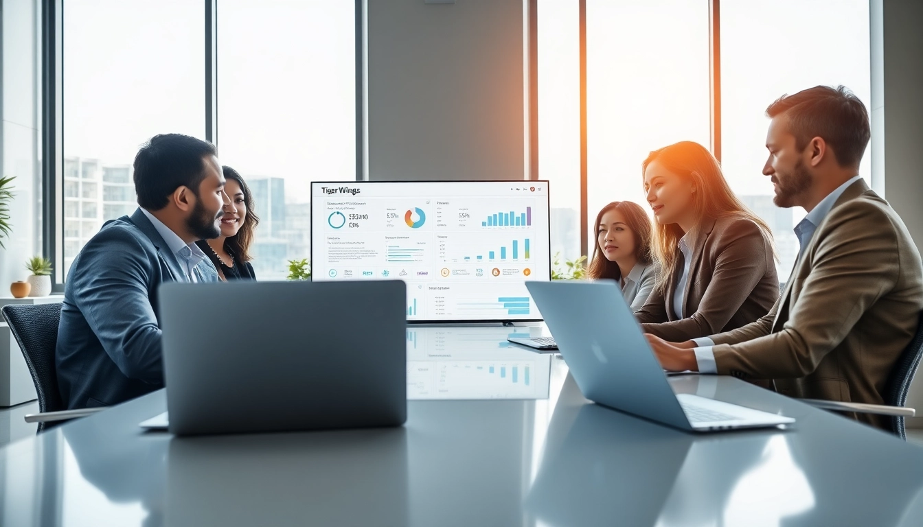 Professionals utilizing Logo Tiger Wings ERP software in a modern office environment, showcasing efficiency and collaboration.