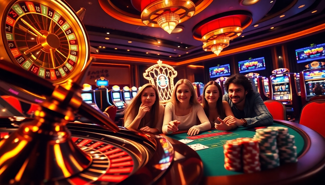 Exciting casino atmosphere featuring poker enthusiasts and elements of https://topxx88.com/ with roulette wheels and vibrant slot machines.