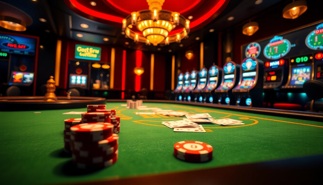 Experience the thrill of birutoto at a vibrant casino scene with poker chips and slot machines.