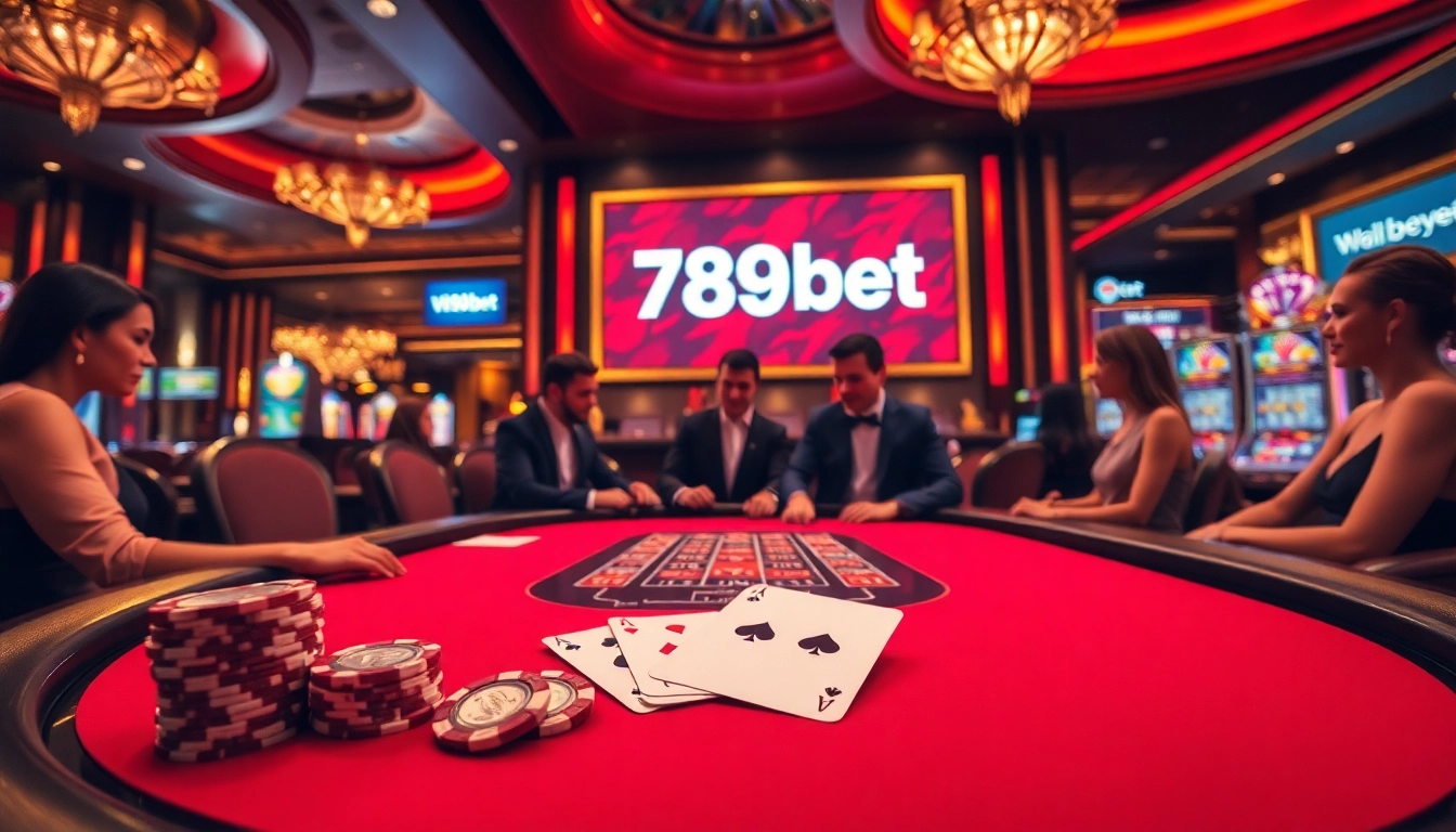 Engaging blackjack game at a luxurious casino with link 789bet visible on digital display