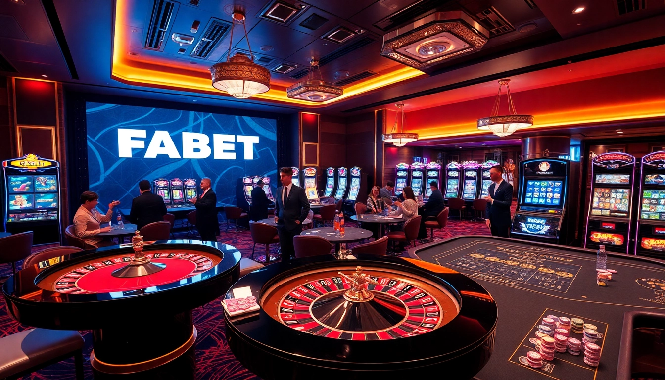 Exciting gaming scene at FABET casino featuring roulette and poker tables with vibrant action.