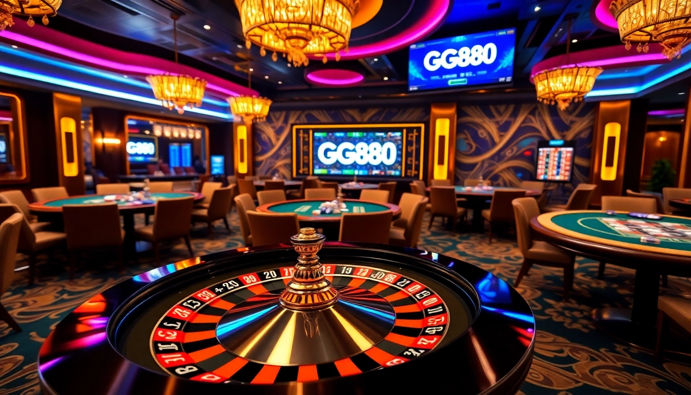 Experience high-stakes excitement at GG88 with vibrant casino tables and roulette wheel.