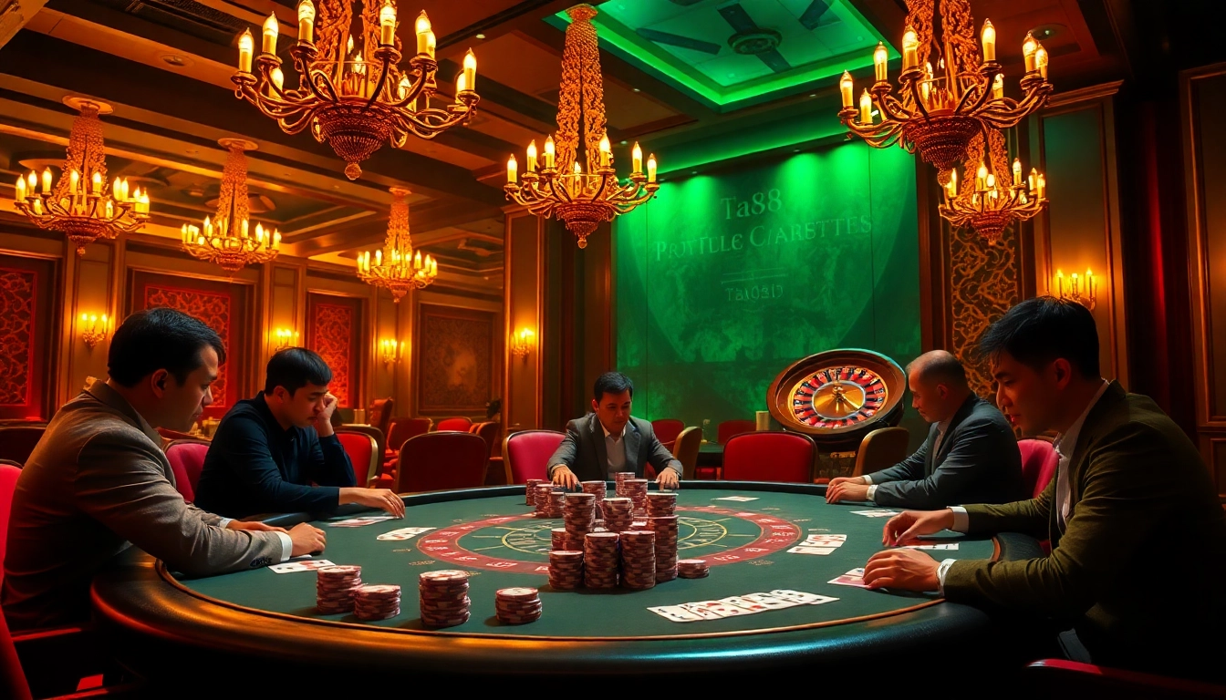 Experience high-stakes excitement at ta88 with players engaged at a luxurious poker table.