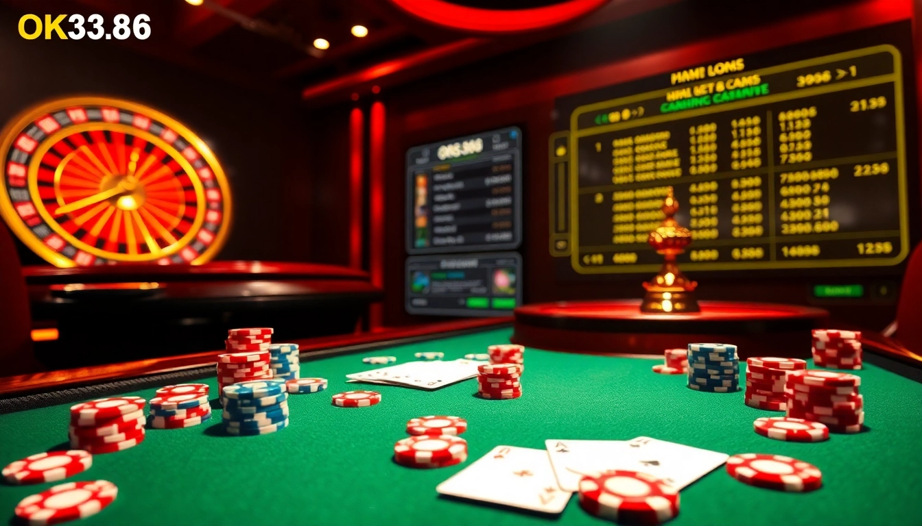 Experience the thrill of Nhà cái OK8386 with vibrant casino games, poker chips, and roulette.