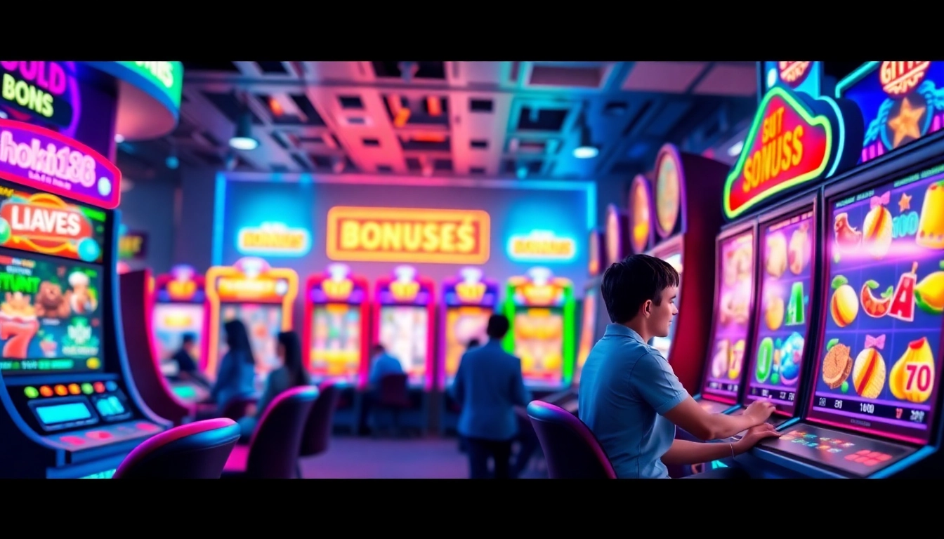 Exciting online gaming scene featuring hoki138 slot machines filled with colorful themes.
