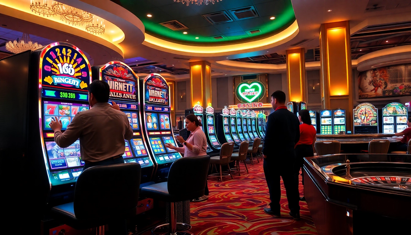 Engaging players spinning slot online machines in a luxurious casino environment.