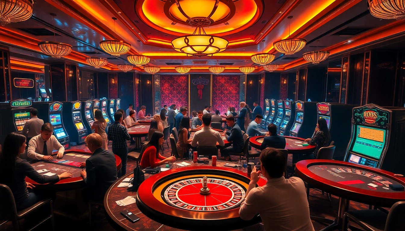 Engaging scene of players at OK365 Trang chủ, showcasing vibrant casino tables and exciting gambling action.