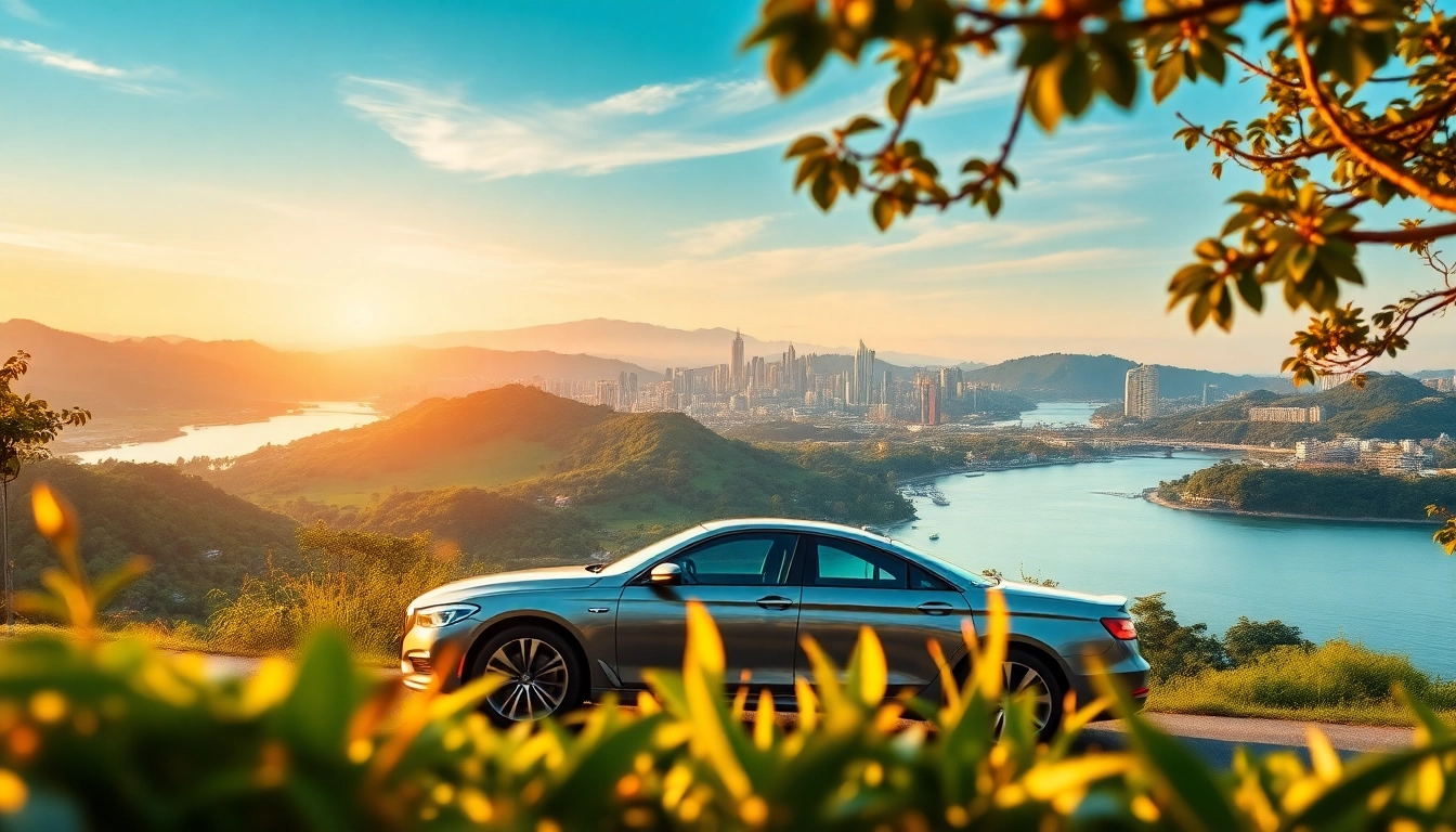 Car hire in Kuching with a stunning backdrop of lush hills and the Sarawak River.