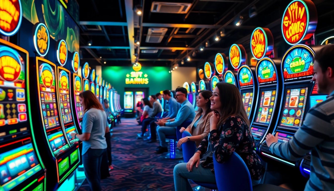 Exciting online gaming scene featuring Kode4d link with vibrant slot machines and diverse players.