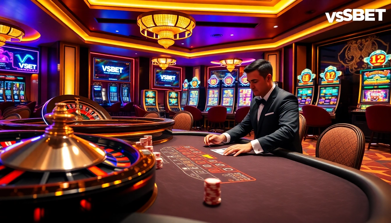 Experience high-stakes gaming at VSBET's luxurious casino with vibrant blackjack and roulette.
