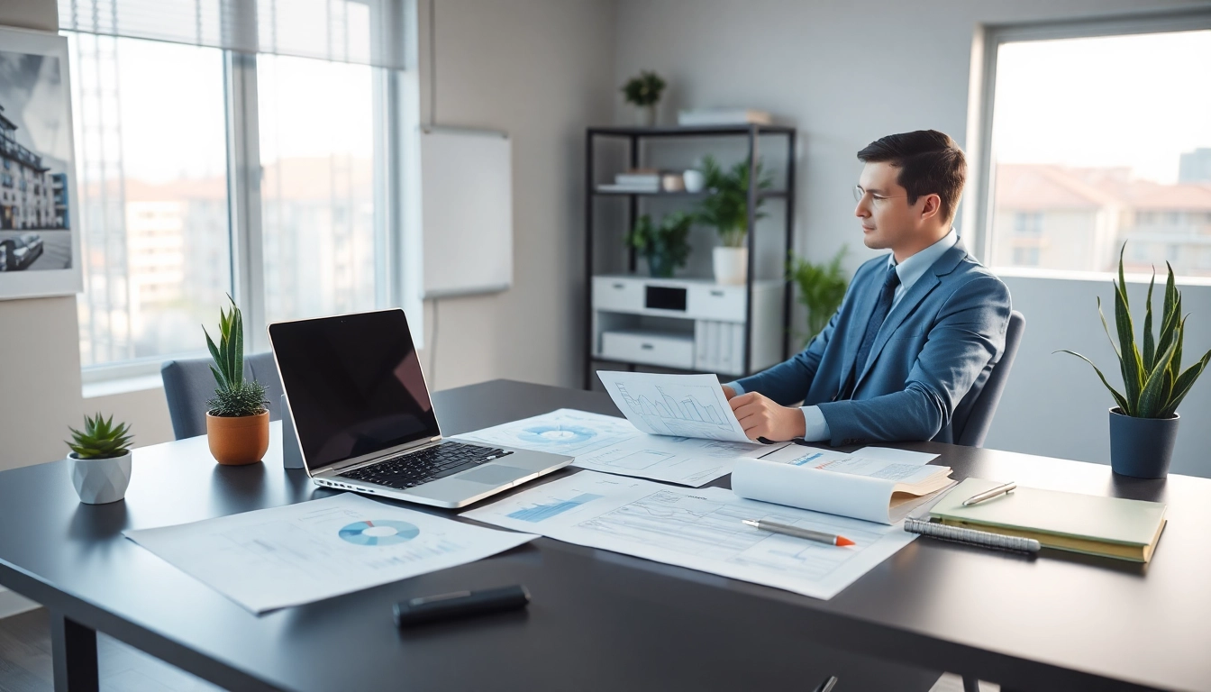 Księgowość dla firmy budowlanej z profesjonalnym księgowym analizującym wykresy finansowe w nowoczesnym biurze.