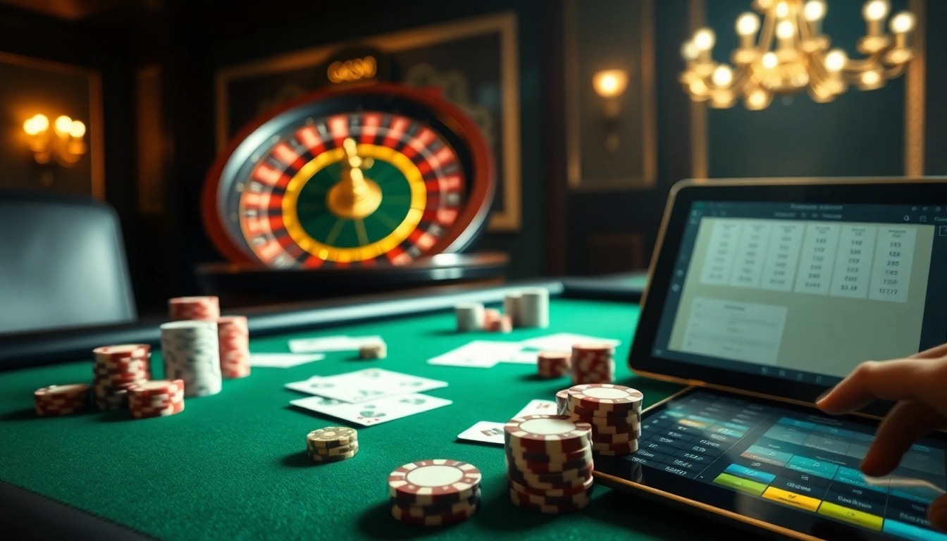 A lively gaming scene with a poker table and roulette wheel, showcasing GG88 COM for online gamblers.