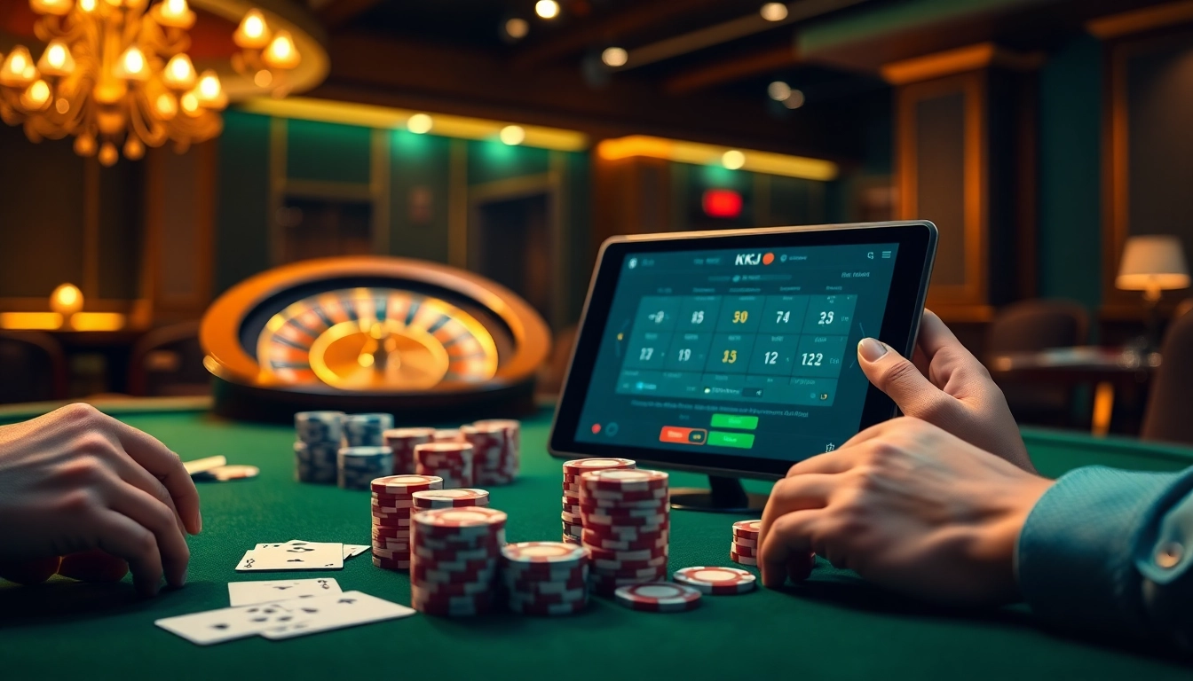 KJC casino scene showcasing poker chips, elegant cards, and roulette wheel in a luxurious setting.
