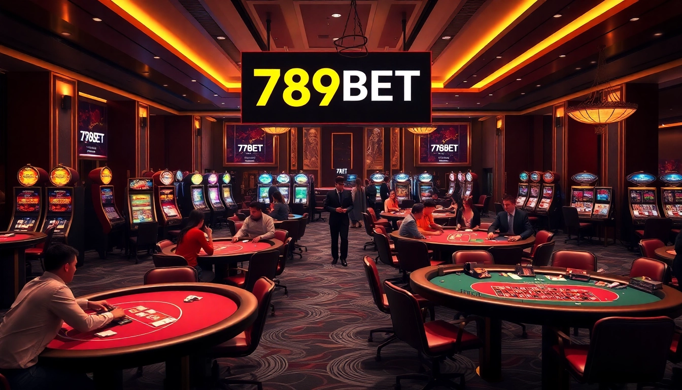 Exciting casino atmosphere showcasing 789BET đăng nhập at a modern gaming floor with tables and slot machines.
