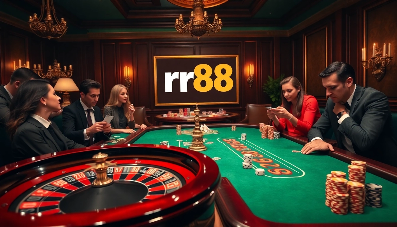 Players engaging in a thrilling poker game at rr88 casino, surrounded by luxurious decor.