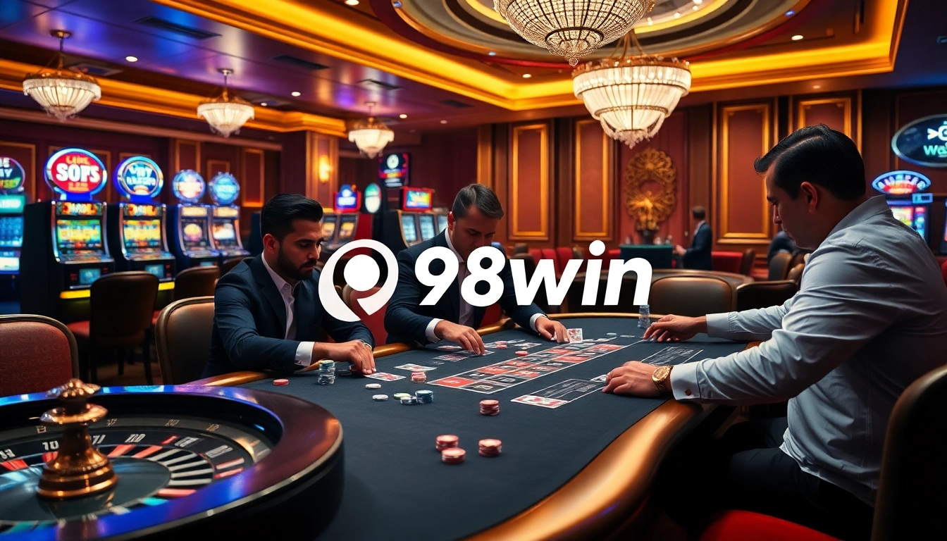 Action-packed poker game at a casino featuring 98win branding with vibrant colors and excitement.