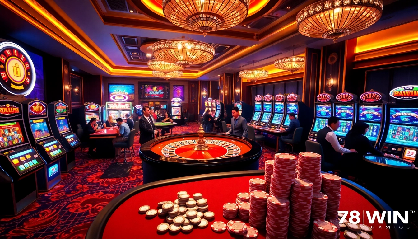 Experience the excitement of gambling at https://78winbiz.com/ with a vibrant casino scene showcasing roulette, slots, and poker.