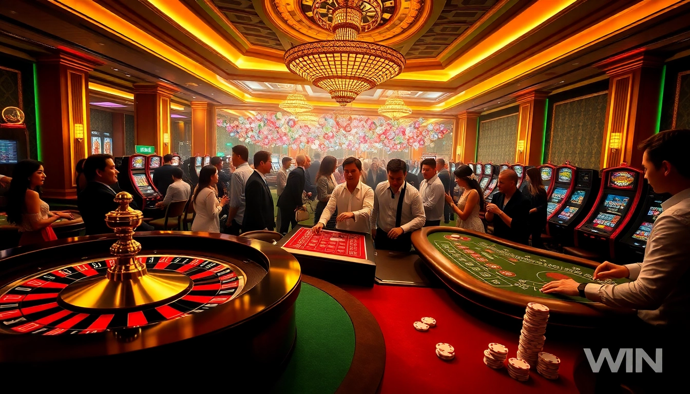 Experience the excitement of 52WIN with vibrant casino scenes featuring roulette, cards, and enthusiastic players.