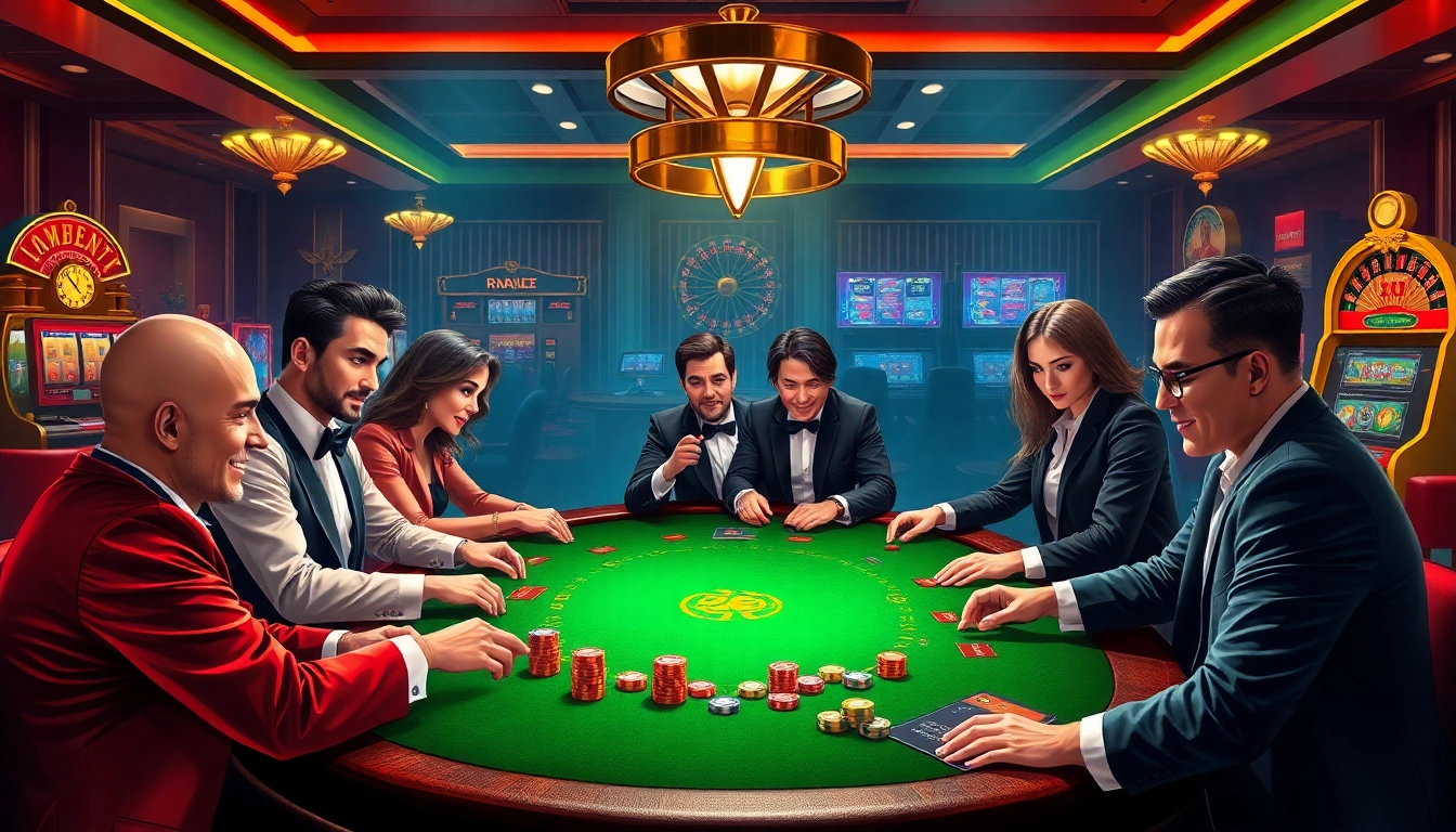 Gamblers enjoying a thrilling game at Nhà cái NEW88 Casino table, showcasing poker chips and roulette wheel.