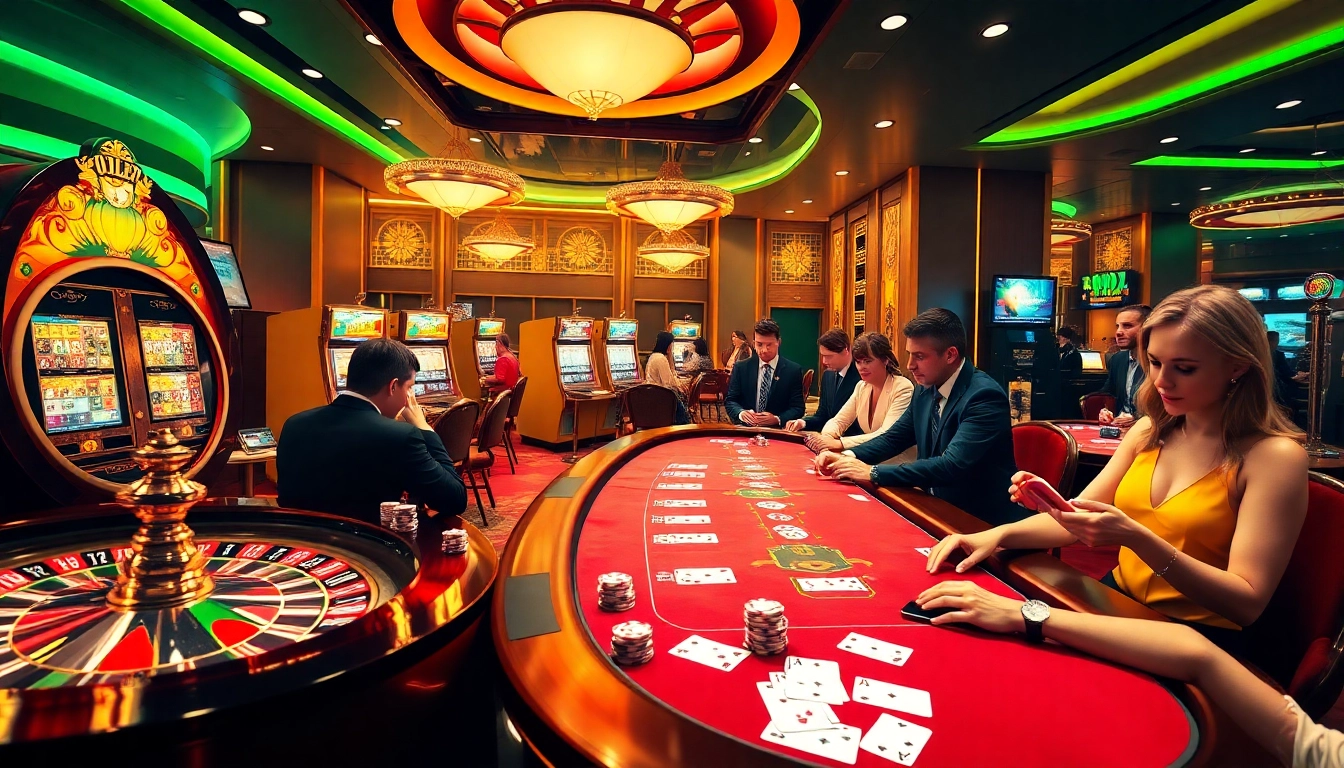 Exciting scene illustrating the i9bet casino experience with roulette wheel, slot machines, and poker action.