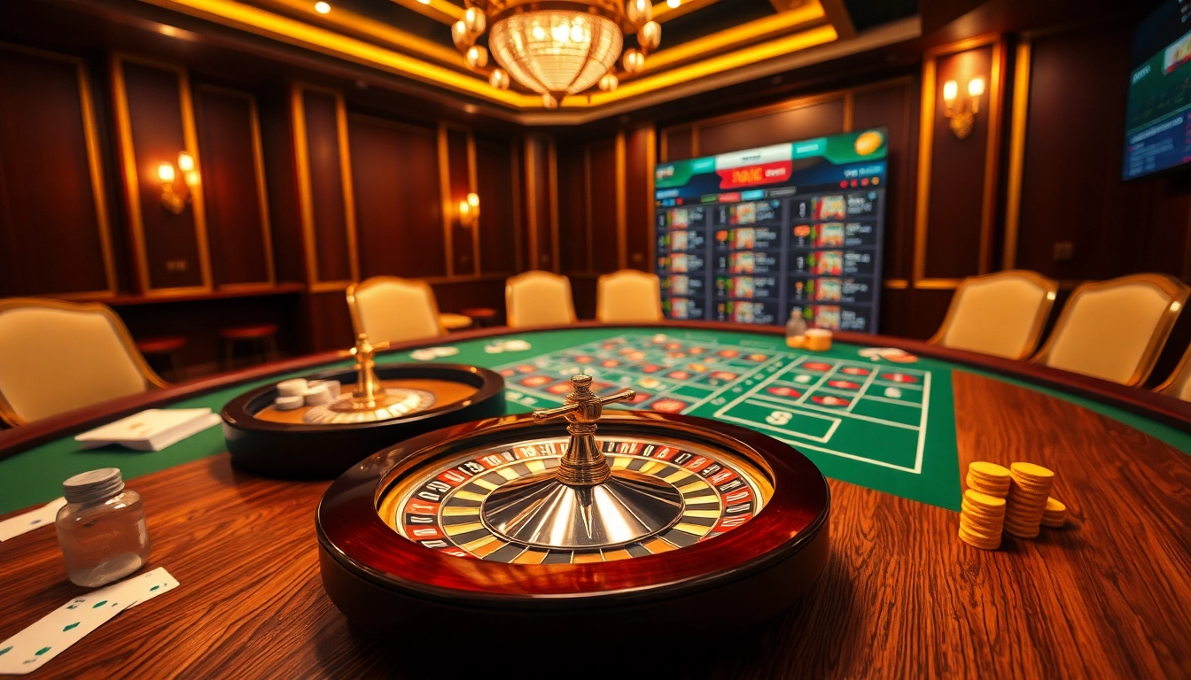 Engaging gaming scene featuring Trang chủ Thabet casino elements like cards and roulette wheel.