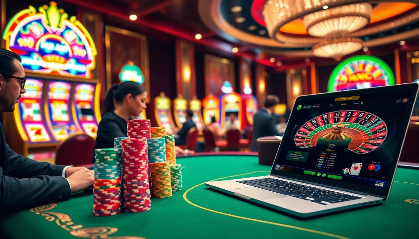 Engage in thrilling gameplay at New88, featuring a vibrant casino scene with poker tables and slots.