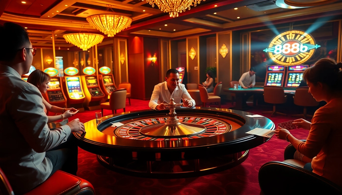 Engage in the thrilling atmosphere of 888b at a luxurious casino with vibrant roulette and slot machines.