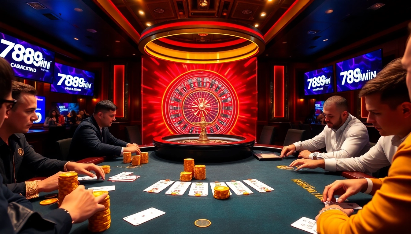 Players enjoying a high-stakes poker game at 789win casino, showcasing chips, cards, and excitement.