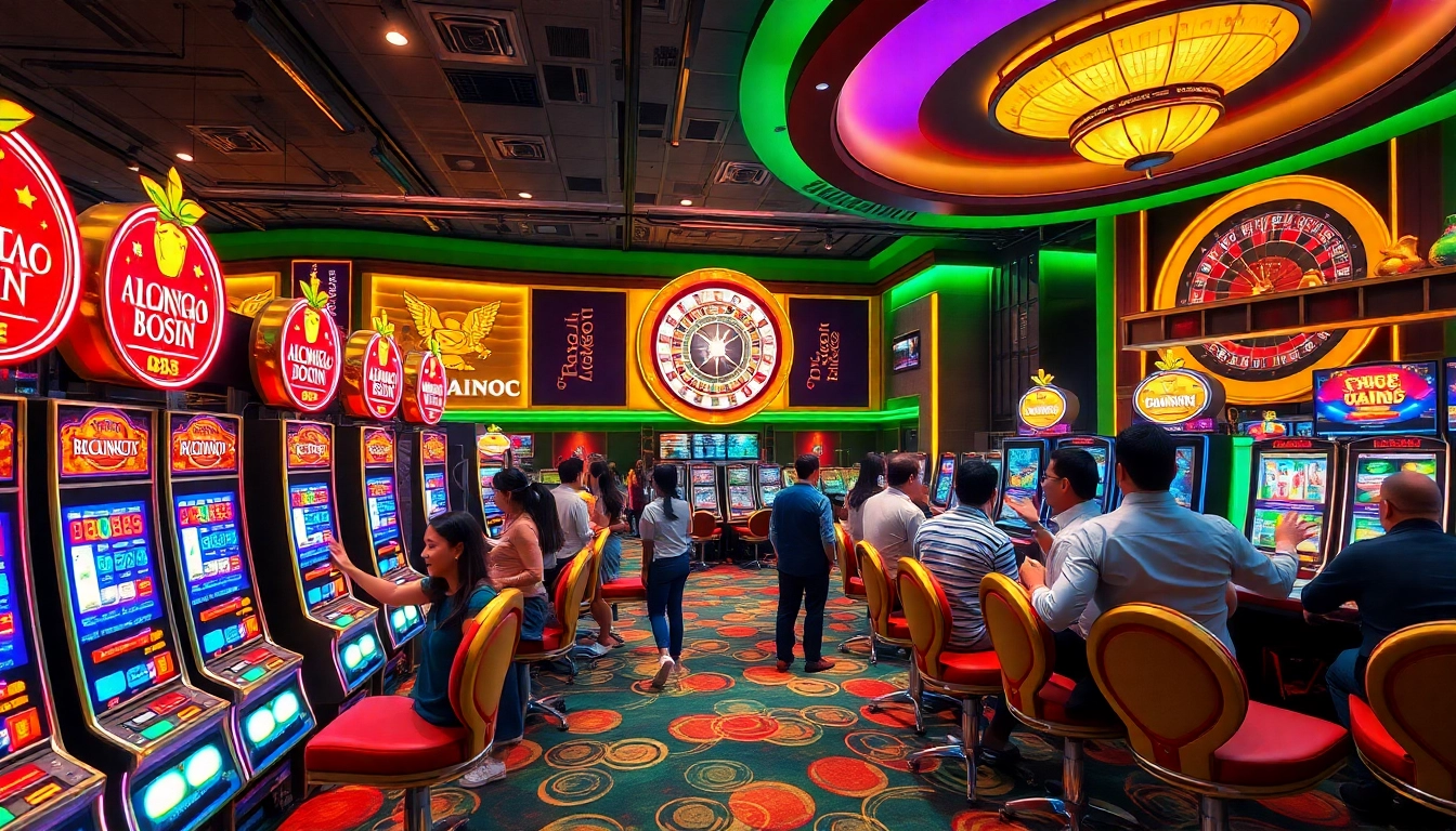 Thrilling Slot Gacor Hari ini scene featuring excited players at vibrant slot machines.