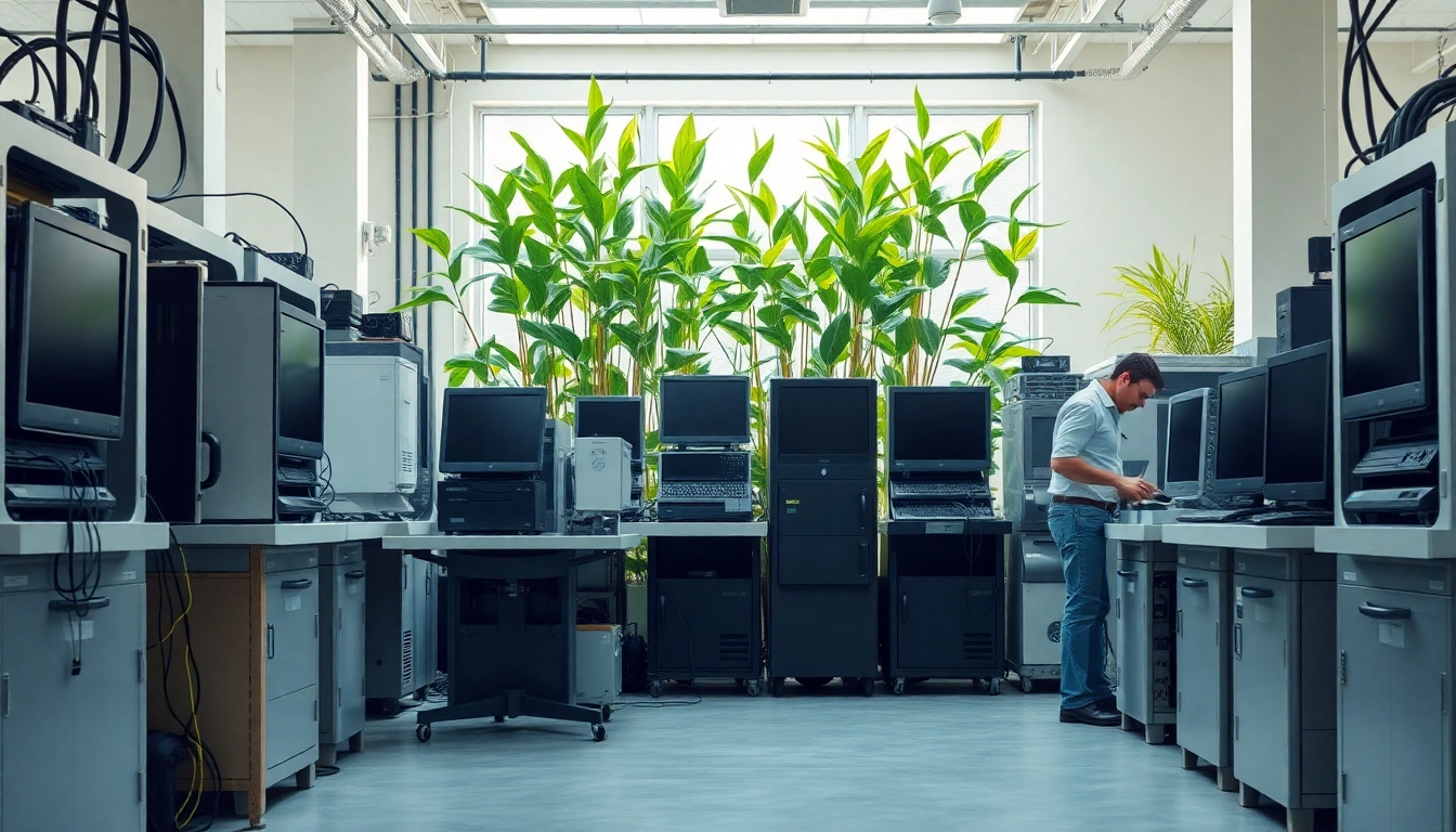 Recycling old electronics at computer recycling reading facility with organized workers.